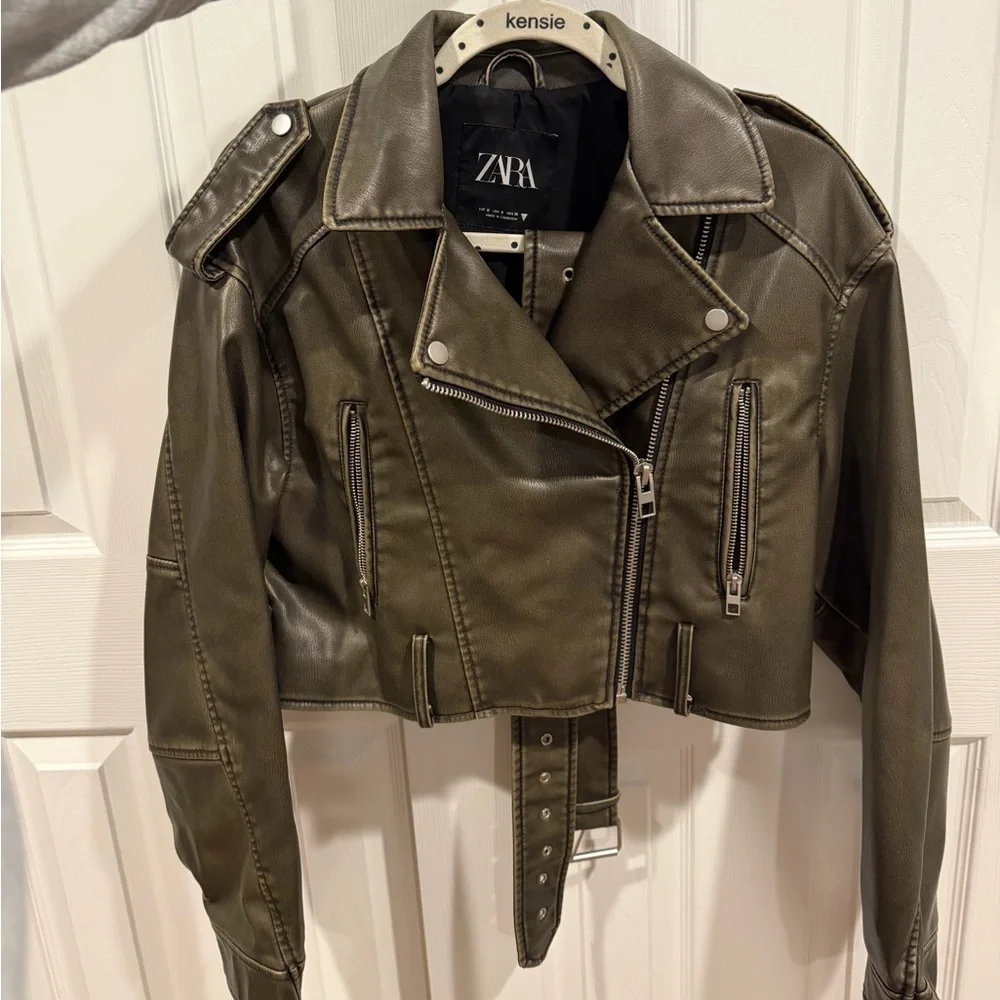 Zara Olive Green Faux Leather Biker Jacket